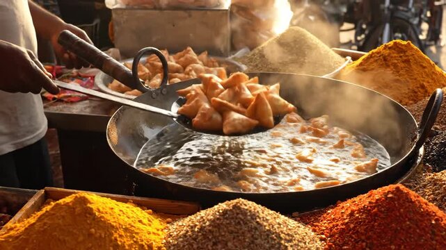 Samosas Frying in a Wok at a Street Food Market - A close-up shot captures the vibrant scene of samosas being deep-fried in a large wok at a bustling street food market.