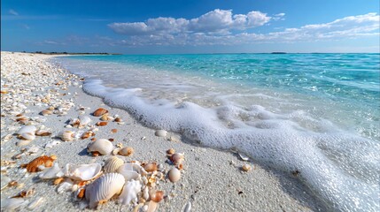 wide angle shot of a pristine white sandy beach with seashells scattered along the shoreline and turquoise water washing ashore
