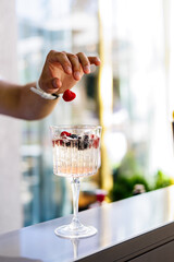 Bartender garnishing cocktail with fresh blackberry, Close-up of bartender placing a fresh blackberry into a chilled cocktail glass with ice and berries, highlighting mixology and drink presentation.