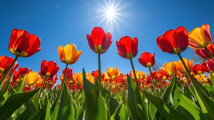 Colorful tulips under bright sun