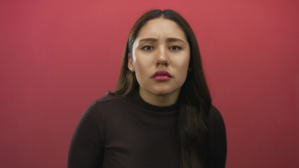 Woman frowns at camera in studio with crimson background and wearing black turtleneck, long dark...