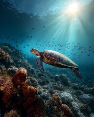 Obraz premium Underwater photorealistic scene of sea turtles above a colorful coral reef with sun rays.