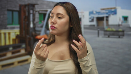 Young hispanic woman counts finger on hand in urban street with warehouse pallet and forklift behind her; thoughtful planning.
