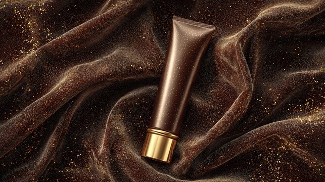 Tubo di crema marrone con tappo dorato su tessuto di velluto marrone scintillante, prodotto di bellezza