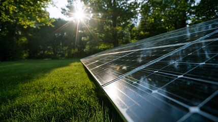 solar panels reflecting the bright sunlight on a lush green lawn with sunflare in the background, highlighting renewable energy technology and sustainability
