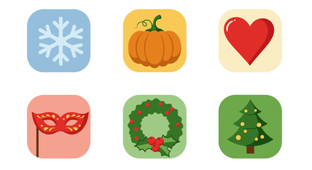 Six seasonal icons including snowflake pumpkin heart and more