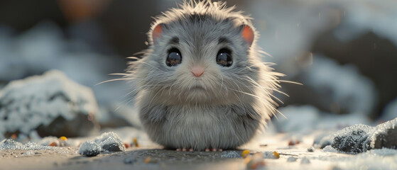 A sad and lonely cartoon hamster character lost in the cold