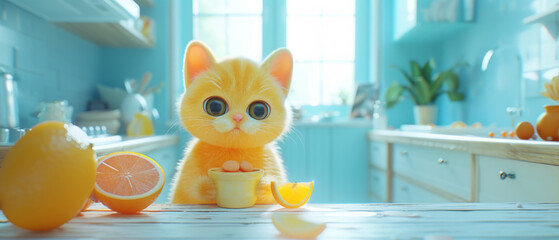 Cute orange kitten in a bright kitchen with fresh citrus fruits