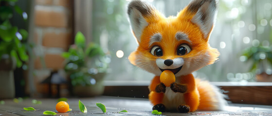A cute cartoon fox enjoying a healthy fruit snack at home