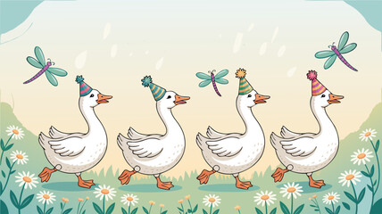 Cartoon Happy Birthday with Geese Wearing Party Hats Walking Through Field of Daisies