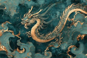 Majestic dragon artwork with intricate details, featuring turquoise and golden accents for a captivating and visually pleasing composition.