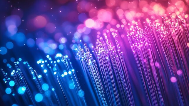 Vibrant optical fibers glowing with multicolored light.  Close-up view of strands emitting  a spectrum of  bright hues against a dark background
