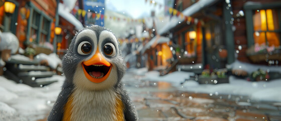 A happy cartoon penguin enjoying a fun winter vacation