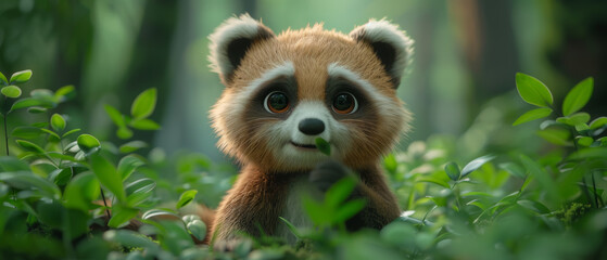 A shy but curious cartoon raccoon character in the forest