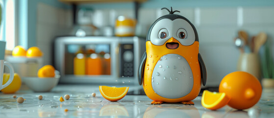 A fun penguin character as a dispenser for fresh orange juice