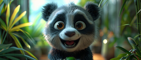 A happy cartoon raccoon in a lush indoor "urban jungle"