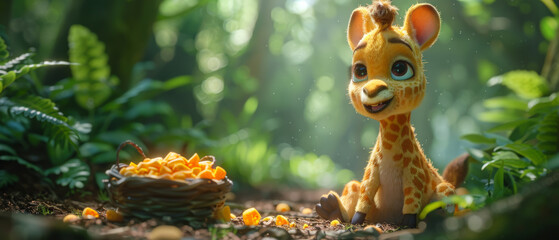 A cute cartoon giraffe enjoying a fruit picnic in the jungle