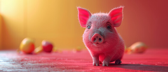 Adorable and funny 3D character of a cute pink baby piglet.