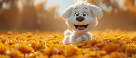 Smiling Animated Dog in a Field of Flowers