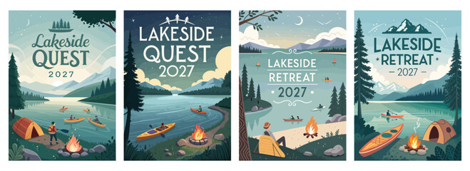 Artistic illustrations for a lakeside adventure-themed event, featuring serene nature scenes.