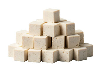 Meticulously arranged firm tofu cubes on a clean transparent background, perfectly cut, uniform, sharp edges, soft studio lighting, high resolution, culinary readiness concept