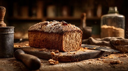 close up of a freshly baked loaf of bread on a rustic wooden table with flour and baking tools around it