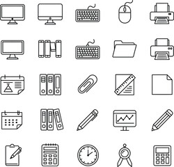 Collection of black outline icons for office and technology items computer monitor desktop computer