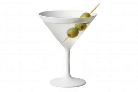 Transparent glass martini with green olives on cocktail pick, showcasing elegant bar culture against clean background