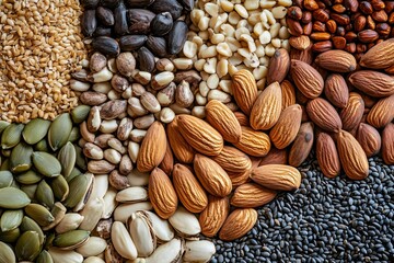 close up of a variety of seeds and nuts arranged in a beautifully organized pattern showcasing texture and natural colors