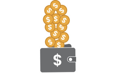 Illustration vector file of golden dollar coins falling smoothly into a brown digital wallet with a transparent background, online earning concept, income, digital payments, and financial image