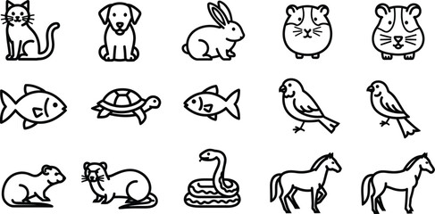 Collection of cute domestic and wild animals line art icons, including cat, dog, rabbit, hamster, fish, turtle, bird, snake and horse