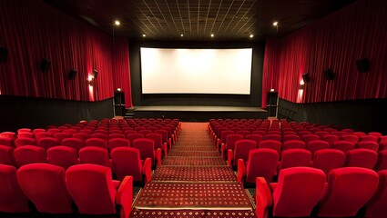 Fototapeta premium Empty movie theater with red velvet seats and large screen awaiting audience anticipation