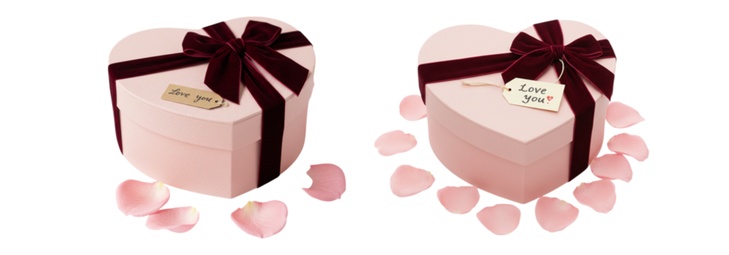 Valentine Gift Pink Heart Box with Velvet Bow and Rose Petals Romantic on transparent background - Powered by Adobe