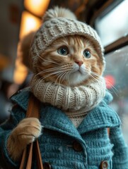 cat with scarf and woolen hat