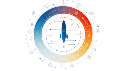 Rocket-themed circular startup diagram with business growth and innovation concept isolated on white background

