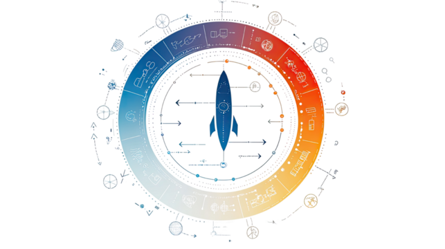 Rocket-themed circular startup diagram with business growth and innovation concept isolated on white background
