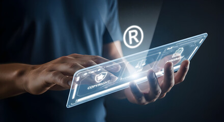 Busenessman hold hologram of Digital Copyright & Intellectual Property