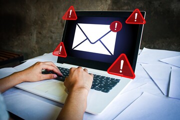 Warning email concept with red alert icon on envelope, symbolizing urgent message, security risk, or important notice. Ideal for communication safety, cybersecurity, and business alerts.