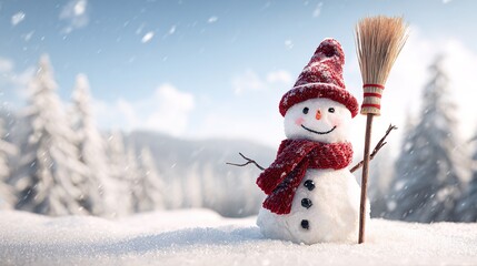 Happy Snowman in Christmas Landscape &ndash; Red-Hatted, Broom-Carrying, Amid Falling Snowflakes, Pine Trees & Snowy Forest, Sparkling with Festive Warmth in High-Resolution Magic
