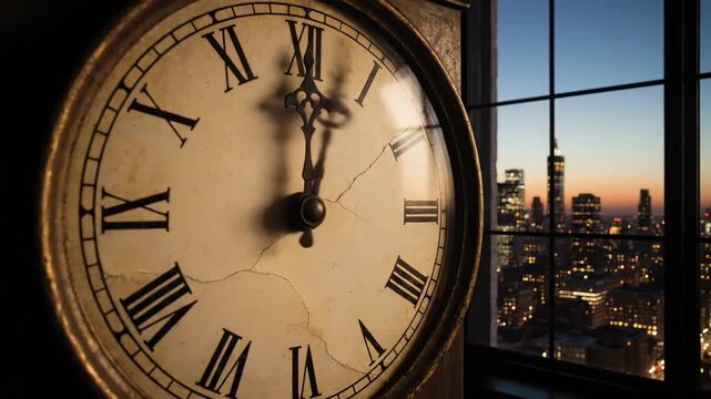 Antique Clock Face Hyperlapse - City Sunset - Close-up of an antique clock face with Roman numerals, its hands rapidly moving against a backdrop of a city skyline at sunset, viewed through a window.