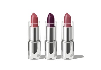 Obraz premium Three lipsticks in different shades on a white background