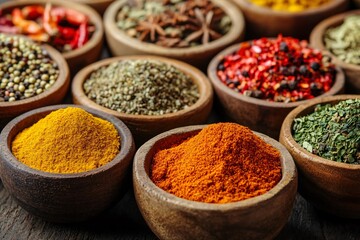 close up of a vibrant collection of various spices and herbs arranged in small wooden bowls showcasing rich colors and textures