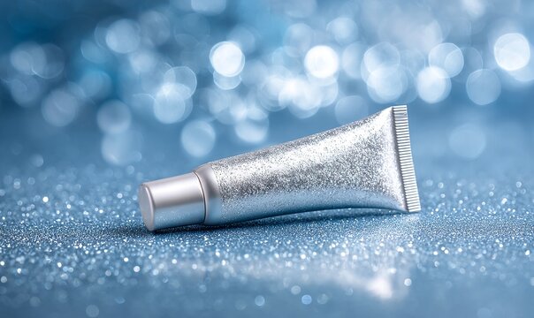 Tubo di crema cosmetica argentata su sfondo blu scintillante con bokeh sfocato.
