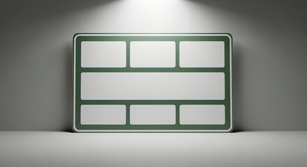 Green storyboard mockup with eight blank frames, a flat lay studio shot against a neutral gray background, conveying a clean and