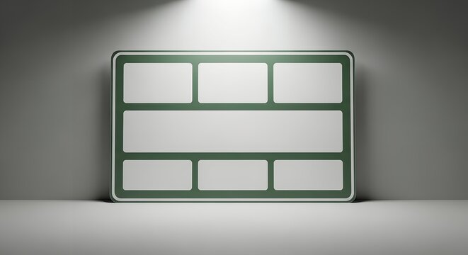 Green storyboard mockup with eight blank frames, a flat lay studio shot against a neutral gray background, conveying a clean and