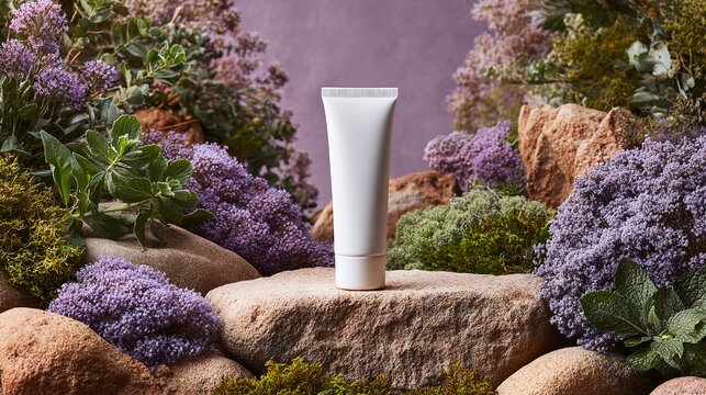 Tubo bianco di crema cosmetica in piedi su una roccia tra flora lussureggiante e pietre naturali