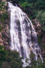 Waterfall falling from the rocks and trees around it in middle of forest and mountain in Jijel, Algeria, Africa, Beautiful waterfall for landscape, River waterfall, rain water and stream, water fall.