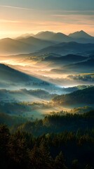 Fototapeta premium Beautiful mountain landscape with fog and sunrise scenic view nature wallpaper background desktop wallpaper