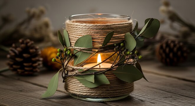 Rustic fall candleholder with eucalyptus and twine.