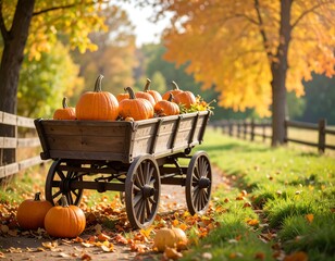 Autumn pumpkins in a wagon
